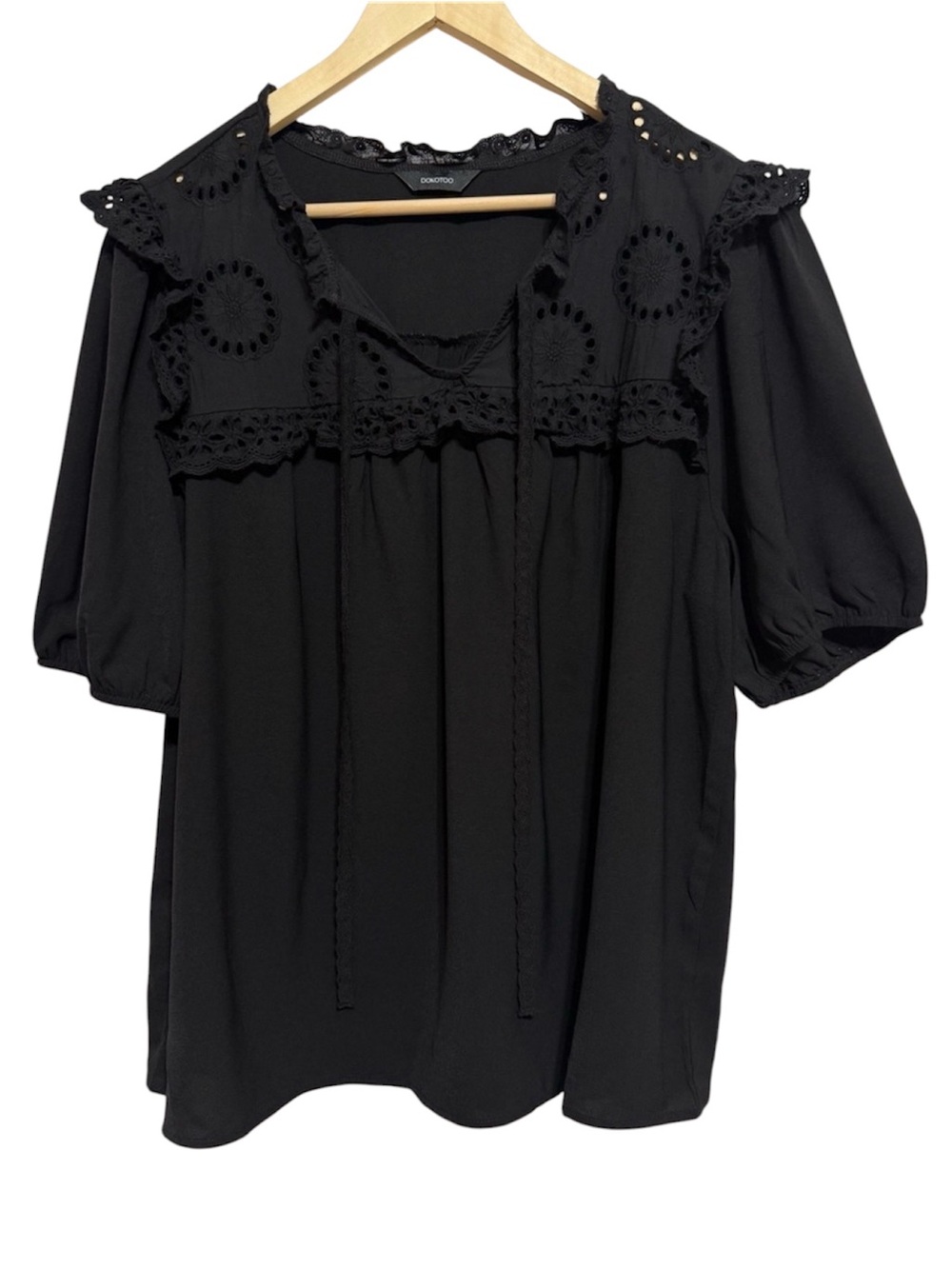 Dokotoo Black loose fit blouse with puffed sleintricate & eyelet yoke